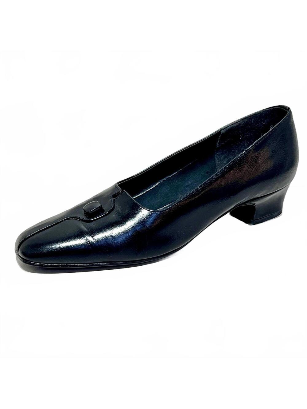 Vintage Magdesians Size 8.5M California Black Leather Block Kitten Heel Pumps